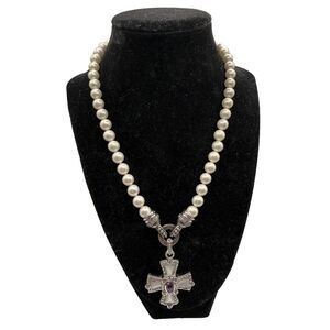 Judith Ripka Pearl Amethyst CZ Maltese Cross Necklace 18" Sterling Silver 925